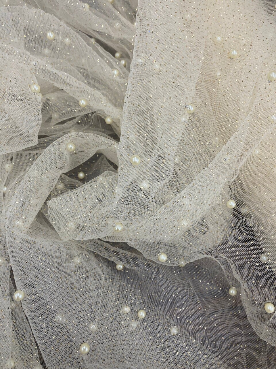 1 Yard Glitter Mesh Fabric with Scattered Pearls 2-Way Stretch 60" Wide Soft Tulle for Gowns, Veils & Couture Projects